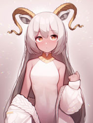 Rule 34 | 1girl, absurdres, animal ears, arknights, beeswax (arknights), beeswax (weisser sand) (arknights), beudelb, breasts, cardigan, commentary, dark-skinned female, dark skin, goat ears, goat girl, goat horns, highres, horns, korean commentary, long hair, looking at viewer, off shoulder, official alternate costume, open cardigan, open clothes, shirt, small breasts, solo, upper body, very long hair, white cardigan, white hair, white shirt, yellow eyes