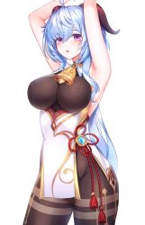 Rule 34 | 1girl, absurdres, ahoge, armpits, arms up, bare shoulders, bindong, black pantyhose, blue hair, blush, bodystocking, bodysuit, breasts, brown bodysuit, covered erect nipples, cowbell, ganyu (genshin impact), genshin impact, goat horns, gold trim, highres, horns, large breasts, long hair, looking at viewer, low ponytail, open mouth, pantyhose, purple eyes, simple background, solo, tassel, vision (genshin impact), white background