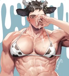 Rule 34 | 1boy, abs, animal ears, animal print, bara, black hair, blush, bra, chinese zodiac, cow boy, cow ears, cow horns, cow print, crossdressing, cum, cum on body, cum on pectorals, facial, horns, implied yaoi, large pectorals, looking at viewer, male cleavage, male focus, muscular, muscular male, navel, original, pectoral focus, pectorals, print bra, short hair, sidepec, solo, ssong-ga, stomach, suggestive fluid, underwear, upper body, year of the ox