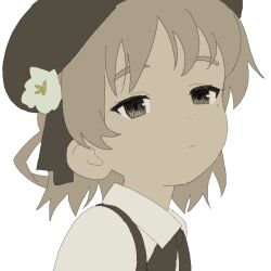 Rule 34 | 1girl, beret, black hat, black ribbon, brown eyes, brown hair, closed mouth, collared shirt, doppelschwert, expressionless, flower, from side, hair flower, hair ornament, hair ribbon, half-closed eyes, hat, hatoba tsugu, looking at viewer, looking to the side, mole, mole under eye, neck ribbon, portrait, ribbon, shirt, short hair, single hair ring, solo, suspenders, tsugu (vtuber), virtual youtuber, white flower, white shirt
