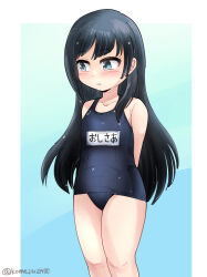 Rule 34 | 1girl, asashio (kancolle), black hair, blue background, blue eyes, blue one-piece swimsuit, blush, covered navel, gradient background, kantai collection, long hair, name tag, noba (ne83ko61), one-piece swimsuit, school swimsuit, solo, swimsuit, twitter username, two-tone background, white background