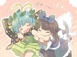 Rule 34 | 2girls, antennae, biting arm, black shirt, blue bow, blue dress, blue hair, bow, brown footwear, brown hair, butterfly wings, chibi, closed eyes, commentary request, cowboy shot, dress, eternity larva, facing viewer, fairy wings, flying sweatdrops, gradient background, green skirt, hair bow, holding own arm, insect wings, leaf, leaf on head, light blue hair, long hair, long sleeves, mont blanc (monburan1011), multiple girls, open mouth, pink background, shirt, short hair, sidelocks, skirt, sleeveless, sleeveless dress, star sapphire, touhou, white shirt, wings