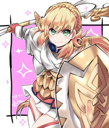 Rule 34 | 1girl, armor, blonde hair, braid, crown braid, fire emblem, fire emblem heroes, gloves, green eyes, highres, holding, holding polearm, holding shield, holding weapon, hoshino (pixiv12796893), long hair, long sleeves, nintendo, polearm, scale armor, sharena (fire emblem), shield, signature, skirt, solo, thighhighs, weapon, white skirt, zettai ryouiki