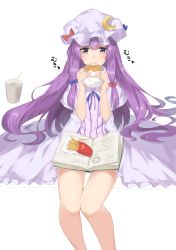 Rule 34 | 1girl, :i, absurdres, bad id, bad pixiv id, blue bow, book, bow, brand name imitation, burger, capelet, crescent, crescent hair ornament, cup, dress, duplicate, eating, emushake, food, french fries, hair bow, hair ornament, hat, highres, long hair, mcdonald&#039;s, mob cap, patchouli knowledge, purple eyes, purple hair, red bow, simple background, sitting, solo, striped clothes, striped dress, touhou, vertical stripes, very long hair, white background