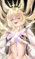 Rule 34 | 1girl, :d, blonde hair, breasts, closed eyes, crown (naked king) (nikke), crown (nikke), diadem, drill hair, goddess of victory: nikke, hair ornament, headgear, jintan0055, large breasts, long hair, open clothes, open mouth, open shirt, shirt, smile, solo, white shirt