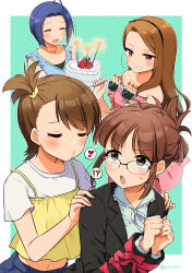 !? 4girls :d akizuki_ritsuko asymmetrical_bangs birthday_cake birthday_glasses black_jacket blue_hair blue_pants blue_shirt blush border bound bound_arms brown_eyes brown_hair cake camisole closed_eyes collar collarbone collared_shirt dot_nose dress eyelashes folded_ponytail food forehead formal_clothes futami_ami glasses green_background green_collar grin hair_over_shoulder hands_on_another&#039;s_shoulders heart highres idolmaster idolmaster_(classic) idolmaster_2 idolmaster_million_live! idolmaster_million_live!_theater_days jacket long_hair long_sleeves merukyara midriff minase_iori miura_azusa multiple_girls navel o3o off_shoulder open_mouth outside_border pants pink_dress pink_eyes red_ribbon ribbon ribbon_bondage ryuuguu_komachi_(idolmaster) shirt short_hair short_sleeves side_ponytail sleeveless sleeveless_shirt smile spoken_heart strawberry_shortcake suit sweat swept_bangs t-shirt twitter_username upper_body v-shaped_eyebrows white_border white_shirt yellow_camisole