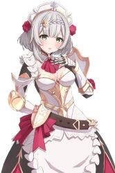 Rule 34 | 1girl, arm behind back, armor, armored dress, ascot, belt, blush, boobplate, braid, breastplate, breasts, cuirass, gauntlets, genshin impact, green eyes, grey hair, hand on own chest, highres, looking at viewer, maid headdress, noelle (genshin impact), parted lips, red ascot, sateto (user knrf2332), short hair, simple background, small breasts, solo, white background