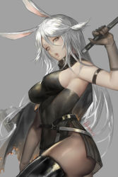 Rule 34 | 1girl, absurdres, animal ears, arknights, arm strap, belt, black capelet, black dress, black gloves, black pantyhose, breasts, burnt clothes, capelet, chinese commentary, cowboy shot, dress, eyelashes, gloves, grey background, grey eyes, hair between eyes, hammer, highres, lips, long hair, looking at viewer, medium breasts, open mouth, over shoulder, pantyhose, rabbit ears, savage (arknights), short twintails, sideboob, signature, silver hair, simple background, sledgehammer, sleeveless, solo, spade-m, taut clothes, thighhighs, turtleneck, twintails, two side up, weapon, weapon over shoulder