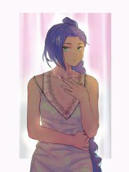 Rule 34 | 1girl, absurdres, asymmetrical hair, backlighting, bare shoulders, blue hair, border, bra, braid, braided ponytail, breasts, closed mouth, collarbone, curtains, dress, expressionless, female focus, godzillapigeon1, green eyes, hand on own chest, hand up, highres, jewelry, lace, lace-trimmed bra, lace trim, long hair, looking at viewer, mole, mole under eye, necklace, outside border, pink background, scissor seven, side ponytail, single braid, sleeveless, sleeveless dress, small breasts, solo, standing, strap slip, thirteen (scissor seven), underwear, upper body, very long hair, white border, white bra, white dress