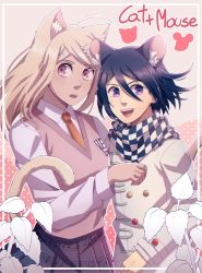 Rule 34 | 1boy, 1girl, :d, ahoge, akamatsu kaede, animal ear fluff, animal ears, blonde hair, blush, border, breasts, cat ears, cat girl, cat tail, checkered clothes, checkered scarf, cheer (cheerpuppy14), collared shirt, cowboy shot, danganronpa (series), danganronpa v3: killing harmony, eighth note, extra ears, fortissimo, hair between eyes, hair ornament, hairclip, hand up, highres, jacket, long hair, long sleeves, looking at viewer, medium breasts, medium hair, mouse boy, mouse ears, mouse tail, musical note, musical note hair ornament, necktie, oma kokichi, open mouth, pink eyes, pink vest, pleated skirt, purple eyes, purple hair, scarf, school uniform, shirt, sideways glance, skirt, smile, straitjacket, sweater vest, tail, teeth, upper teeth only, vest, white border, white shirt