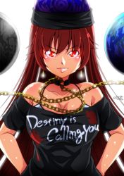 Rule 34 | 1girl, bare shoulders, bra, breasts, chain, choker, cleavage, clothes writing, collarbone, commentary request, dated, earrings, earth (ornament), glowing, glowing eyes, gold chain, hands on own hips, hecatia lapislazuli, jewelry, large breasts, long hair, moon (ornament), parted lips, red eyes, red hair, signature, solo, tatsuya (guild plus), touhou, underwear, upper body, very long hair