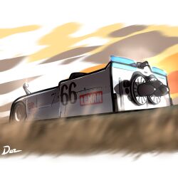 Rule 34 | artist name, can-am (motorsports), car, chaparral 2j, chaparral cars, commentary, dust, duz, english commentary, from behind, glint, highres, motion blur, motor vehicle, no humans, race vehicle, racecar, shadow, side-view mirror, vehicle focus