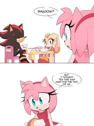 Rule 34 | 1boy, 2girls, 2koma, :o, absurdres, amy rose, bracelet, chair, child, closed mouth, comic, cream the rabbit, cup, dress, english text, furry, furry female, furry male, gloves, highres, jewelry, mug, multiple girls, open mouth, orange dress, orange eyes, red dress, red eyes, shadow the hedgehog, sitting, smile, sonic (series), speech bubble, table, tea, toonsite, white gloves