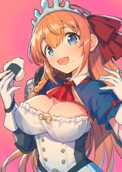 Rule 34 | 1girl, :d, ahoge, ascot, blue eyes, blush, breasts, cleavage, commentary request, food, food on face, gloves, hair between eyes, hair ribbon, hands up, head tilt, holding, holding food, ichihaya, long hair, medium breasts, onigiri, open mouth, orange hair, pecorine (princess connect!), pink background, princess connect!, puffy short sleeves, puffy sleeves, red ascot, red ribbon, ribbon, rice, rice on face, short sleeves, shrug (clothing), simple background, smile, solo, tiara, upper body, very long hair, white gloves