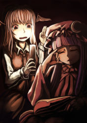 Rule 34 | 2girls, amibazh, black background, blouse, candle, closed eyes, crescent, demon girl, dress, hand on head, hat, head wings, highres, holding, koakuma, light, long hair, long sleeves, mob cap, multiple girls, patchouli knowledge, purple dress, purple hair, red eyes, red hair, shirt, simple background, sleeping, sleeping upright, touhou, upper body, vest, wax, wide sleeves, wings