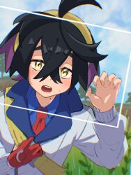 Rule 34 | 1boy, 82hanico, black hair, blue skirt, blush, cloud, collared shirt, creatures (company), crossed bangs, day, game freak, gloves, grass, hair between eyes, hairband, highres, jacket, kieran (pokemon), long sleeves, looking at viewer, male focus, mole, mole on neck, multicolored hair, necktie, nintendo, open mouth, outdoors, pokemon, pokemon sv, purple hair, red gloves, shirt, single glove, skirt, sky, solo, sweat, tree, upper body, viewfinder, white jacket, yellow eyes