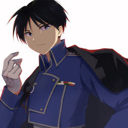 Rule 34 | 1boy, absurdres, aiguillette, alternate eye color, amestris military uniform, arm at side, black coat, black hair, blue jacket, buttons, closed mouth, coat, coat on shoulders, collared jacket, double-breasted, expressionless, facing viewer, fingers together, fullmetal alchemist, gloves, grey eyes, hair strand, hand on own hip, hand up, highres, jacket, looking to the side, magic circle, male focus, military jacket, open clothes, open coat, ribbon bar, roy mustang, sasayumi tsubaki, sidelighting, sideways glance, simple background, spiked hair, tsurime, uniform, upper body, white background, white gloves