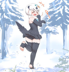 Rule 34 | +++, 0x0082, 1girl, animal ears, ass, bare shoulders, black one-piece swimsuit, californian sea otter (kemono friends), closed eyes, commentary request, day, elbow gloves, extra ears, flying sweatdrops, from behind, full body, fur collar, gloves, hair ornament, hands up, highres, kemono friends, one-piece swimsuit, open mouth, otter ears, otter tail, outdoors, shell, shell hair ornament, short hair, sidelocks, snow, solo, standing, standing on one leg, stirrup legwear, swimsuit, swimsuit skirt, tail, thighhighs, toeless legwear, toes, white hair