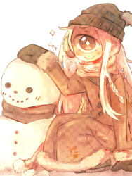 Rule 34 | 10s, 1girl, 2014, arm support, blonde hair, blush, braid, breath, cyclops, dated, earmuffs, fang, hat, jacket, long hair, looking at viewer, mittens, muroku (aimichiyo0526), muted color, one-eyed, original, polka dot, pom pom (clothes), scarf, signature, simple background, smile, snowman, solo, sparkling eyes, squatting, translation request, very long hair, white background