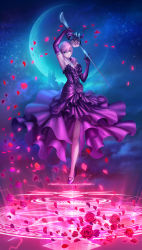 Rule 34 | 10s, 1girl, alternate costume, aqua eyes, arm up, armlet, armpits, bare shoulders, bouquet, breasts, castle, cleavage, diamond dust, dress, electricity, final fantasy, final fantasy xiii, flower, formal, frills, full moon, gloves, jewelry, lightning farron, lightning returns: final fantasy xiii, magic circle, medium breasts, moon, necklace, night, night sky, petals, pink hair, purple dress, purple gloves, red rose, rose, sky, solo, star (sky), strapless, strapless dress, sword, weapon