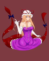 Rule 34 | 1girl, adapted costume, bad id, bad pixiv id, blonde hair, bow, breasts, brown background, choker, cleavage, collarbone, dress, elbow gloves, female focus, gap (touhou), gloves, hand up, hat, hat ribbon, impossible clothes, impossible dress, large breasts, long arms, long hair, looking at viewer, maroon background, mob cap, moya-shi, off shoulder, pointing, purple dress, red eyes, ribbon, ribbon choker, simple background, smile, solo, thighs, touhou, very long hair, white gloves, wide hips, yakumo yukari