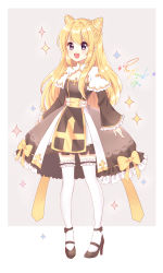 Rule 34 | 1girl, :d, arch bishop (ragnarok online), black footwear, blonde hair, blush, bow, brown dress, double bun, dress, fingernails, frilled sleeves, frilled thighhighs, frills, full body, grey background, hair between eyes, hair bun, high heels, high priest (ragnarok online), highres, light (luxiao deng), long hair, long sleeves, open mouth, purple eyes, ragnarok online, shoes, sidelocks, sleeves past wrists, smile, solo, sparkle, standing, thighhighs, two-tone background, very long hair, white background, white thighhighs, wide sleeves, yellow bow