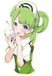 Rule 34 | 1girl, blue eyes, blush, commentary, creatures (company), cup, disposable cup, futatsukiaiji, game freak, green hair, hair rings, hat, heart, highres, holding, holding cup, long hair, looking at viewer, nintendo, nurse cap, open mouth, pokemon, pokemon masters ex, puffy short sleeves, puffy sleeves, short sleeves, smile, solo, trinnia (pokemon), upper body