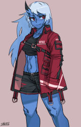 Rule 34 | 1girl, belt, black shorts, blue oni, blue oni (zakusi), blue skin, closed mouth, colored skin, commentary, english commentary, eyeshadow, grey background, hands in pockets, horns, jacket, makeup, navel, oni, open clothes, open jacket, original, red eyes, red jacket, shorts, signature, simple background, single horn, smile, solo, standing, zakusi