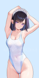 Rule 34 | 1girl, absurdres, armpits, arms behind head, arms up, artist name, bare arms, bare shoulders, black hair, blue background, breasts, cleavage, collarbone, competition swimsuit, covered navel, gradient background, hair ornament, highleg, highleg swimsuit, highres, looking at viewer, maid headdress, medium breasts, mignon, one-piece swimsuit, original, parted lips, purple eyes, sarah-san (mignon), short hair, simple background, swimsuit, thighs