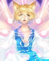 Rule 34 | 1girl, animal ears, bad id, bad pixiv id, black sclera, blonde hair, colored sclera, danmaku, female focus, fox ears, fox tail, highres, mismatched sclera, mochizuki anko, multiple tails, short hair, solo, tail, tears, torn clothes, touhou, yakumo ran, yellow eyes
