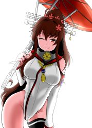 Rule 34 | 10s, 1girl, adapted costume, breasts, brown eyes, brown hair, detached sleeves, highleg, highleg leotard, highres, kantai collection, large breasts, leotard, long hair, oil-paper umbrella, one eye closed, personification, ponytail, race queen, sekitaku, single thighhigh, solo, thighhighs, umbrella, very long hair, wink, yamato (kancolle)