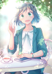 Rule 34 | 1girl, absurdres, backlighting, black pantyhose, blazer, blue hair, blue jacket, blue skirt, book, bracelet, braid, casual, chair, cup, dappled sunlight, delicious party precure, fuwa kokone, green eyes, hair ornament, hairclip, highres, jacket, jewelry, long sleeves, looking at viewer, miniskirt, muusu, open mouth, pantyhose, precure, saucer, shirt, short hair, sitting, skirt, smile, solo, sunlight, table, tea, teacup, teapot, waving, white shirt