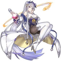 Rule 34 | 1girl, aquarius (ark order), ark order, ass, blue footwear, blue nails, bodystocking, boots, bow, breasts, brown pantyhose, coat, covered navel, flask, full body, garter straps, grey hair, hatoyama itsuru, high heel boots, high heels, high ponytail, holding, holding flask, large breasts, leotard, liquid, long hair, nail polish, off shoulder, official art, pantyhose, potion, purple eyes, purple leotard, silver trim, solo, tachi-e, transparent background, very long hair, white coat, white footwear, yellow bow