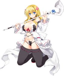 Rule 34 | 1girl, bare shoulders, blonde hair, blue eyes, blush, breasts, choker, cleavage, detached sleeves, full body, groin, holding, juno (sennen sensou aigis), kneeling, large breasts, legs, long hair, looking at viewer, navel, sennen sensou aigis, smile, solo, staff, thighhighs, thighs, thong, transparent background, weapon, white background