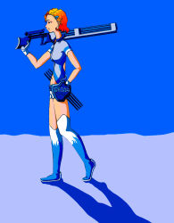 Rule 34 | boots, gun, hair ornament, hairpin, navel, orange hair, shorts, simple background, solo, thigh boots, thighhighs, weapon