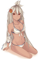 Rule 34 | 10s, 1girl, ahoge, arm support, armpits, bad id, bad pixiv id, bare shoulders, bikini, breasts, cleavage, closed mouth, collarbone, dark-skinned female, dark skin, feather trim, flower, full body, granblue fantasy, groin, hair between eyes, hair flower, hair ornament, kanpyo (hghgkenfany), long hair, looking at viewer, medium breasts, navel, off shoulder, open clothes, open shirt, red eyes, shirt, side-tie bikini bottom, silver hair, sitting, smile, solo, stomach, swimsuit, very long hair, white background, white bikini, yokozuwari, zooey (granblue fantasy), zooey (summer) (granblue fantasy)