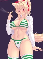 Rule 34 | 1girl, :q, animal ears, bikini, blonde hair, blush, breasts, cat ears, cat girl, cat tail, cleavage, closed mouth, commentary, english commentary, hair ornament, highres, joint (drug), large breasts, long sleeves, looking at viewer, marijuana, navel, nottytiffy, original, panties, patreon username, ponytail, purple background, red eyes, simple background, slit pupils, smile, smoke, smoking, solo, stomach, striped bikini, striped clothes, swimsuit, tail, thighhighs, thighs, tiffy (nottytiffy), tongue, tongue out, underwear, white thighhighs
