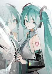 Rule 34 | 1girl, against mirror, aqua eyes, aqua hair, aqua nails, aqua necktie, bare shoulders, black sleeves, broken mirror, crack, detached sleeves, different reflection, empty eyes, expressionless, grey shirt, hair ornament, hatsune miku, headphones, highres, jiu ye sang, long hair, looking at viewer, mirror, nail polish, necktie, parted lips, reflection, shirt, shoulder tattoo, sleeveless, sleeveless shirt, smile, solo, tattoo, twintails, upper body, vocaloid, white background