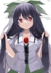 Rule 34 | 1girl, black hair, breasts, cleavage, commentary request, green ribbon, green skirt, hair ribbon, highres, holding, holding hair, long hair, looking at viewer, medium breasts, momomaron, one-hour drawing challenge, partially unbuttoned, puffy short sleeves, puffy sleeves, red eyes, reiuji utsuho, ribbon, shirt, short sleeves, skirt, touhou, very long hair, white shirt