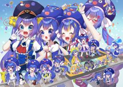 Rule 34 | 6+girls, ^ ^, absurdres, ahoge, animal hood, anniversary, aqua eyes, asteroid stella, asymmetrical legwear, band uniform, conductor baton, black gloves, blue eyes, blue hair, blue headwear, blue shirt, blush stickers, braid, character print, clock, closed eyes, collar, collared shirt, commentary, confetti, conga line, digital clock, double bun, eel hat, elbow gloves, fang, fishnet legwear, fishnets, flower, frog hood, gloves, gradient hair, hair bun, hair flower, hair ornament, hand on own hip, hands on another&#039;s shoulders, highres, hood, large hat, long hair, looking at viewer, mini person, minigirl, mismatched legwear, mittens, multicolored hair, multiple girls, multiple persona, open mouth, otomachi una, otomachi una (spicy), otomachi una (sugar), outstretched arms, paper chain, piano print, purple hair, purple headwear, purple legwear, raincoat, sailor collar, school uniform, shirt, short sleeves, skin fang, sleeveless, sleeveless shirt, smile, solid oval eyes, song request, speech bubble, spoken number, talkex, train, twin braids, uniform, very long hair, vocaloid, voiceroid, white collar, white gloves, white mittens