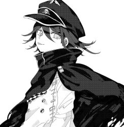 Rule 34 | 1boy, :p, buttons, cape, closed mouth, danganronpa (series), danganronpa v3: killing harmony, double-breasted, grey background, greyscale, hair between eyes, hat, jacket, long sleeves, male focus, medium hair, monochrome, oma kokichi, peaked cap, shi chimi, skull print, solo, tongue, tongue out