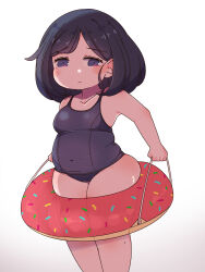 Rule 34 | 1girl, black hair, blush, breasts, clenched hands, closed mouth, collarbone, commentary request, covered navel, feet out of frame, highres, horoyuki (gumizoku), inconvenient ass, innertube, looking at viewer, medium breasts, medium hair, one-piece swimsuit, original, plump, simple background, small breasts, solo, swim ring, swimsuit, tareme, thick thighs, thighs, white background