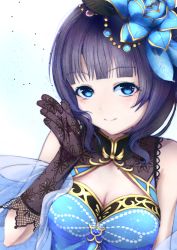 Rule 34 | 1girl, alternate hairstyle, artist name, artist request, asaka karin, bare shoulders, black gloves, blue detached collar, blue dress, blue eyes, blue flower, blue hair, blush, bracelet, breasts, celebrity in blue (love live!), cleavage, cleavage cutout, clothing cutout, collarbone, collared dress, dark blue hair, dress, drill hair, female focus, flower, frilled dress, frilled sleeves, frills, gloves, hair flower, hair ornament, highres, jewelry, lace, lace-trimmed gloves, lace trim, long hair, looking at viewer, love live!, love live! nijigasaki high school idol club, love live! school idol festival, love live! school idol festival all stars, medium breasts, mole, mole on body, mole on breast, parted lips, pearl bracelet, plaid, plaid dress, pleated, pleated dress, short hair, side ponytail, sleeveless, sleeveless dress, smile, solo, upper body