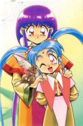 Rule 34 | 1990s (style), 2girls, animal on arm, aqua eyes, arms behind back, cowboy shot, facial mark, forehead mark, hair bobbles, hair ornament, hands on another&#039;s shoulders, height difference, long hair, long sleeves, looking at viewer, masaki aeka jurai, masaki sasami jurai, multiple girls, official art, open mouth, pink eyes, purple hair, red eyes, retro artstyle, ryou-ouki, siblings, sidelocks, sisters, smile, tenchi muyou!, twintails, very long hair