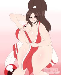 Rule 34 | 1girl, artist name, bare shoulders, breasts, brown eyes, brown hair, cleavage, folded fan, collarbone, fatal fury, folding fan, hand fan, highres, huge breasts, japanese clothes, long hair, looking at viewer, okioppai, ponytail, shiranui mai, smile, solo, the king of fighters, thick thighs, thighs, wide hips