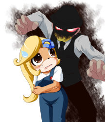 Rule 34 | 1boy, 1girl, aura, blonde hair, blush, brown eyes, character request, coco bandicoot, copyright request, crash bandicoot (series), crossover, dark aura, flower, furry, gloom (expression), glowing, glowing eyes, hair flower, hair ornament, hat, height difference, long hair, mask, open mouth, overalls, ponytail, sakamoto aoi, scared, sweatdrop, teardrop, tears