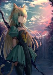 Rule 34 | 1girl, animal ears, atalanta (fate), belt, belt buckle, black thighhighs, blonde hair, bow (weapon), braid, buckle, cat ears, cat tail, closed mouth, cloud, commentary request, dress, fate/apocrypha, fate/grand order, fate (series), flat chest, french braid, green dress, green eyes, green hair, hair between eyes, highres, holding, holding bow (weapon), holding weapon, kaze minoru so-ru, long hair, looking at viewer, multicolored hair, outdoors, plant, puffy sleeves, short sleeves, sky, solo, tail, thighhighs, tree, two-tone hair, water, waterfall, weapon