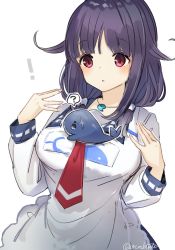Rule 34 | !, 1girl, 1other, ?, ahoge, apron, breasts, commentary request, cowboy shot, hair flaps, kantai collection, large breasts, long hair, low twintails, magatama, name connection, neckerchief, object namesake, object on breast, one-hour drawing challenge, parody, purple hair, red eyes, red neckerchief, school uniform, serafuku, simple background, solo, spoken question mark, taigei (kancolle), tawawa challenge, twintails, whale, white background, yamashichi (mtseven)