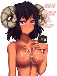 Rule 34 | 1girl, 2015, animal ears, black hair, blush, breasts, closed mouth, collarbone, cum, cum on body, cum on breasts, cum on upper body, dark-skinned female, dark skin, hand on own chest, happy new year, highres, horns, kuroleo, looking at viewer, medium breasts, new year, nipples, nose blush, nude, original, pink eyes, sheep, sheep ears, sheep girl, sheep horns, short hair, simple background, solo, tears, upper body, white background