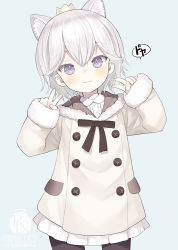 Rule 34 | 1girl, animal ear fluff, animal ears, artist name, black bow, black pantyhose, blue background, blush, bow, capriccio, closed mouth, coat, commentary request, crown, double v, fur-trimmed coat, fur-trimmed sleeves, fur trim, grey coat, grey eyes, hair between eyes, hands up, kapu rinko, long sleeves, looking at viewer, mini crown, original, pantyhose, pleated skirt, signature, simple background, skirt, sleeves past wrists, smile, solo, standing, v, white hair, white skirt